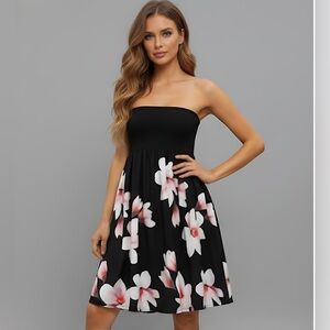 Floral Print Shirred Strapless Dress